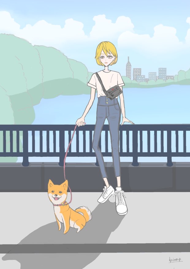 【イラスト練習】女の子が犬の散歩をする